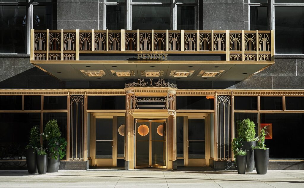 Historic details of Pendry Chicago front entrance in the loop downtown