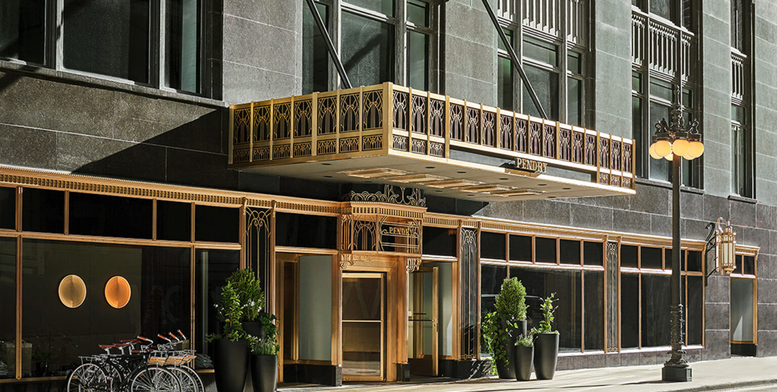 The exterior entrance of the Pendry Chicago hotel in the Carbide and Carbon Building