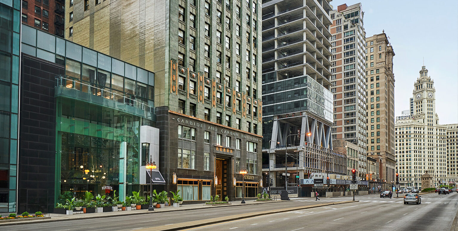 A zoomed-out view of the Pendry Chicago entrance along Michigan Avenue Chicago
