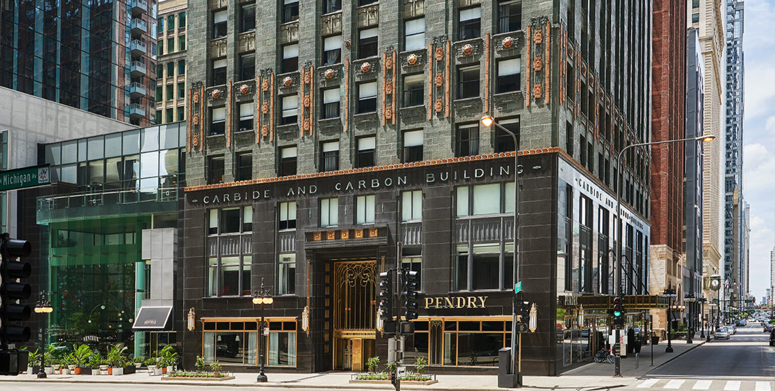 The exterior entrance of Pendry Chicago hotel, a landmark building in downtown Chicago