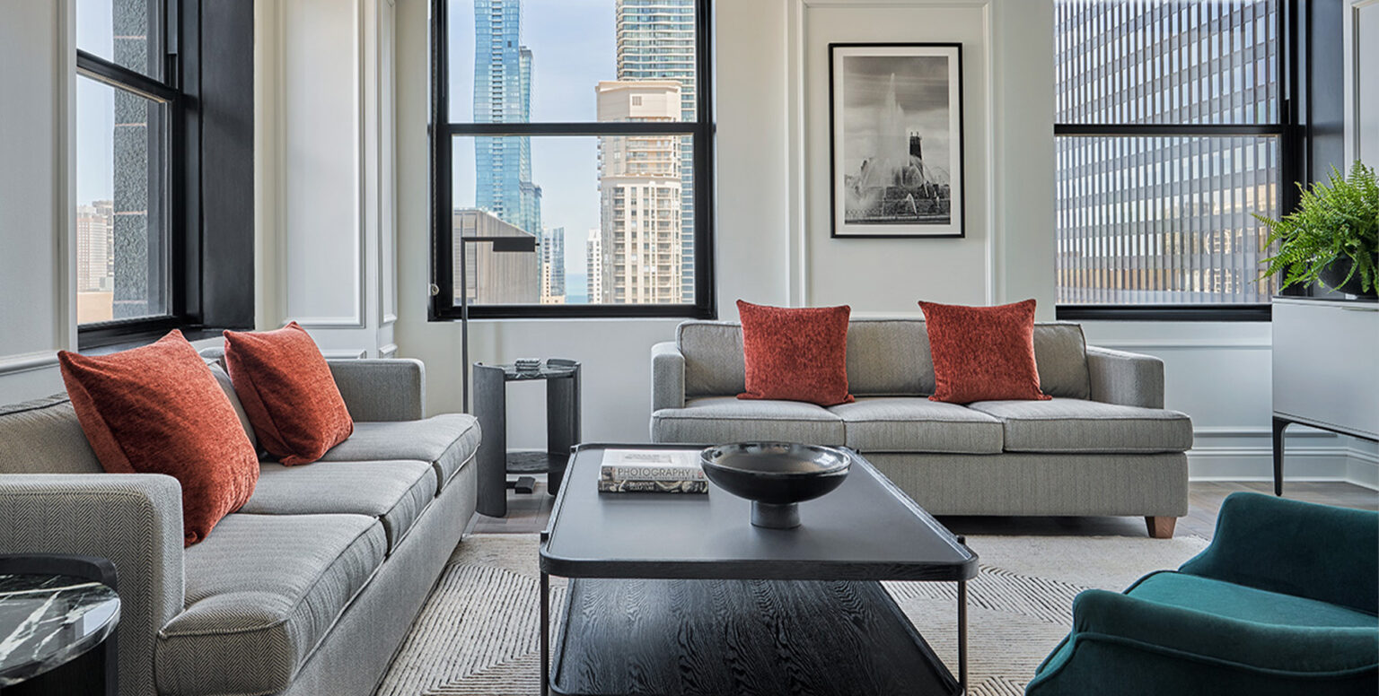 A living space in a suite at Pendry Chicago