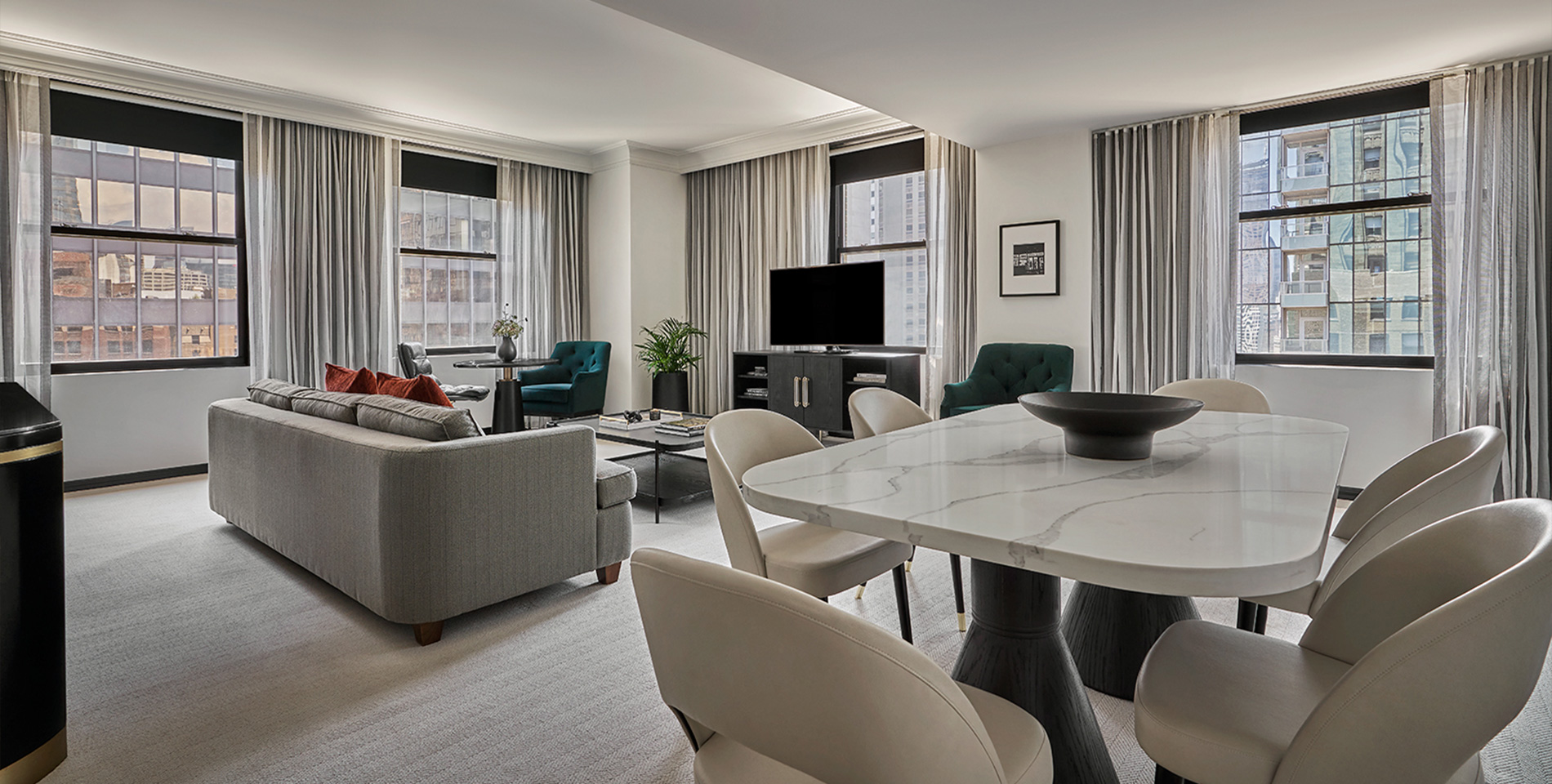 The living area in the Millenium Suite at Pendry Chicago hotel