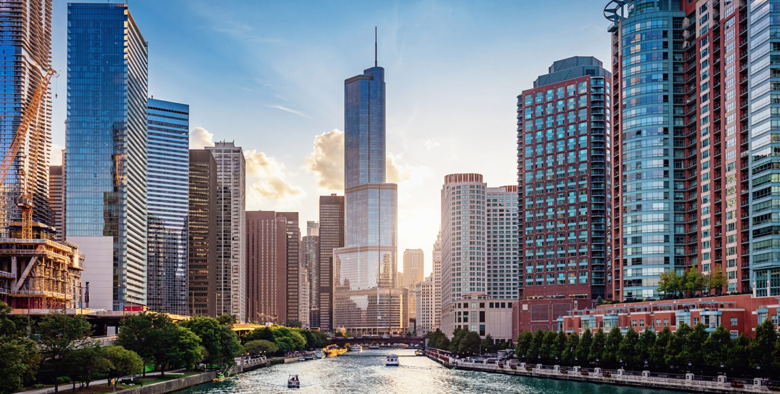 The Chicago River at sunset