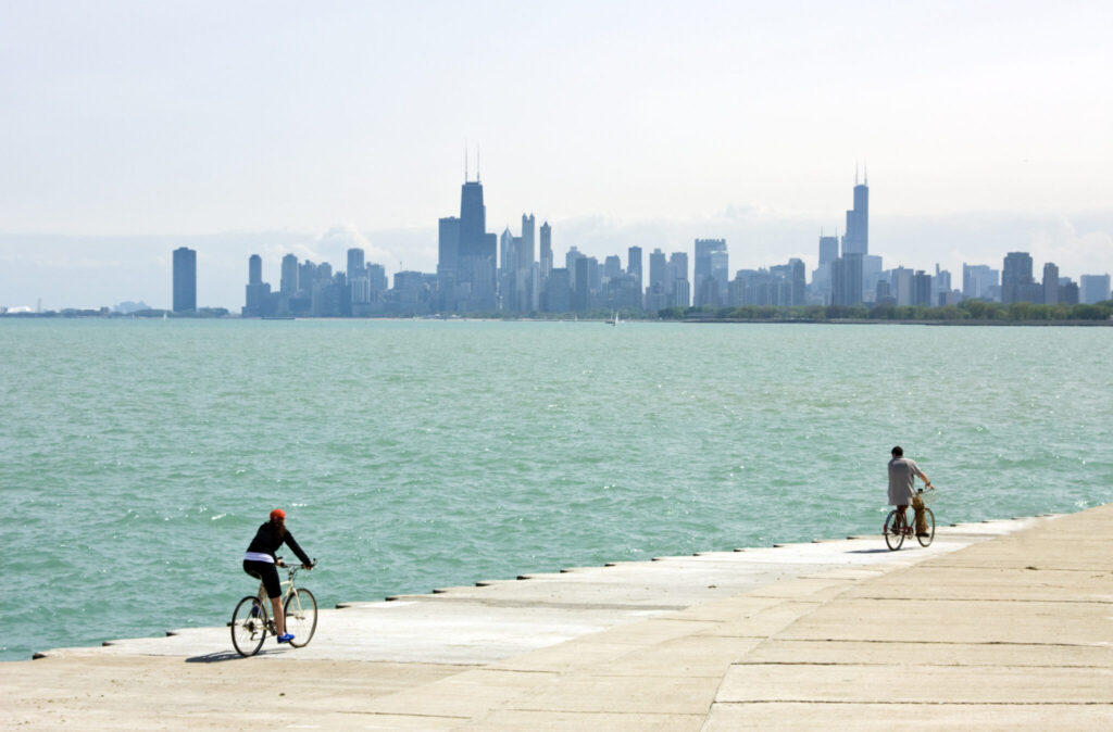 Lake Michigan with skyline and bicyclers