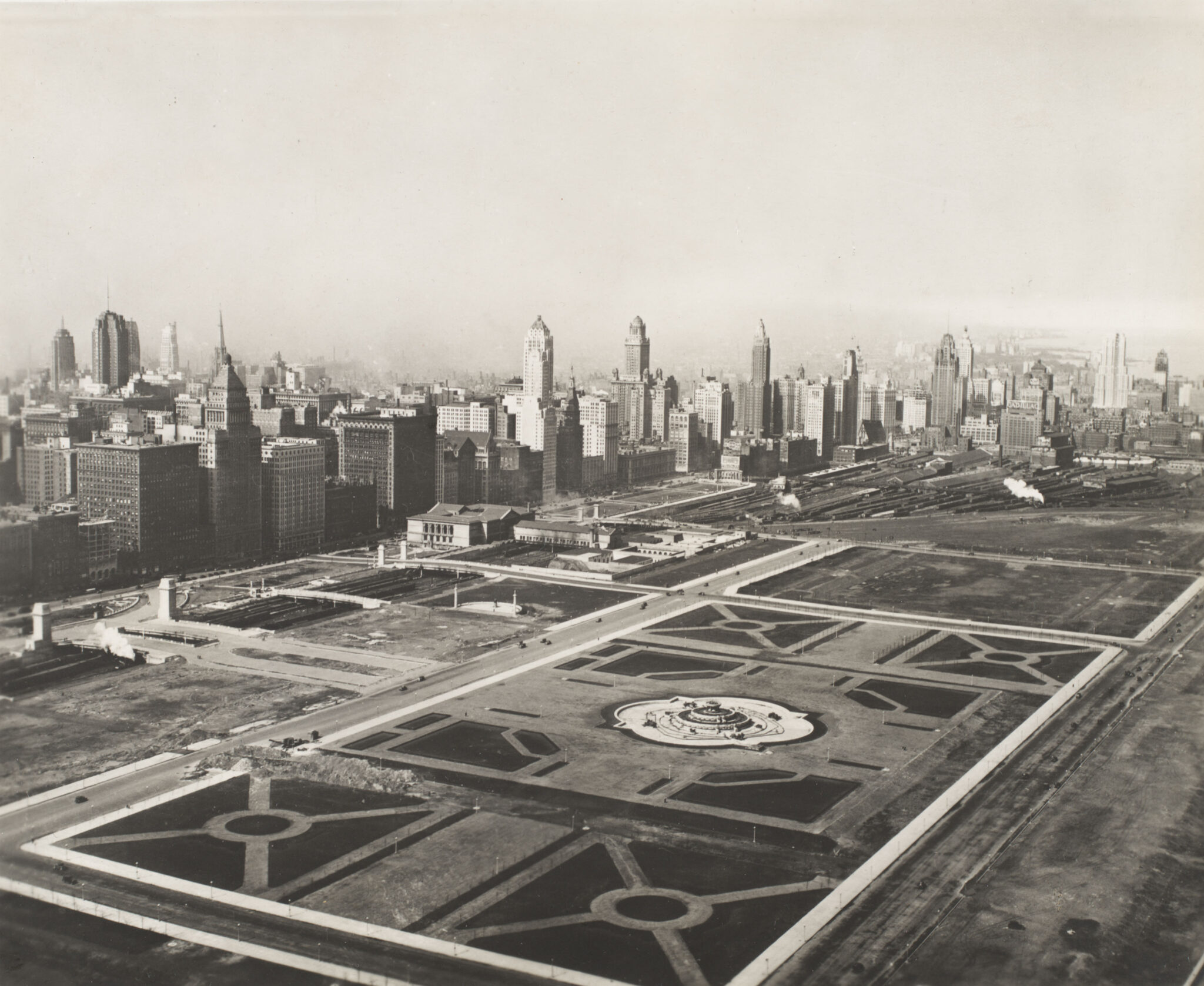 Aerial view of Grant Park and Buckingham Fountain, Chicago, Illinois, circa 1920s