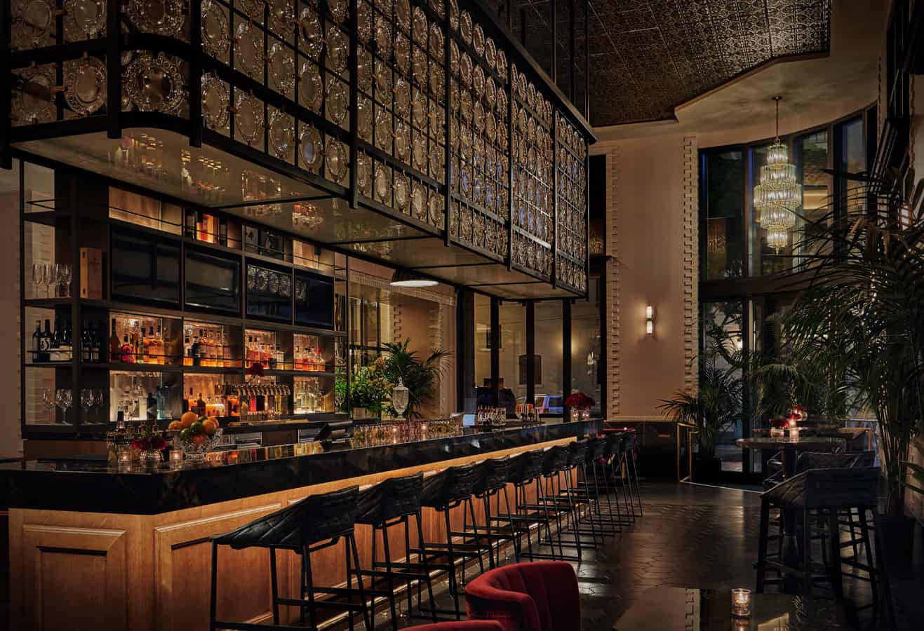 Fifth & Rose bar interior at night at a luxury Downtown San Diego Hotel, Pendry San Diego