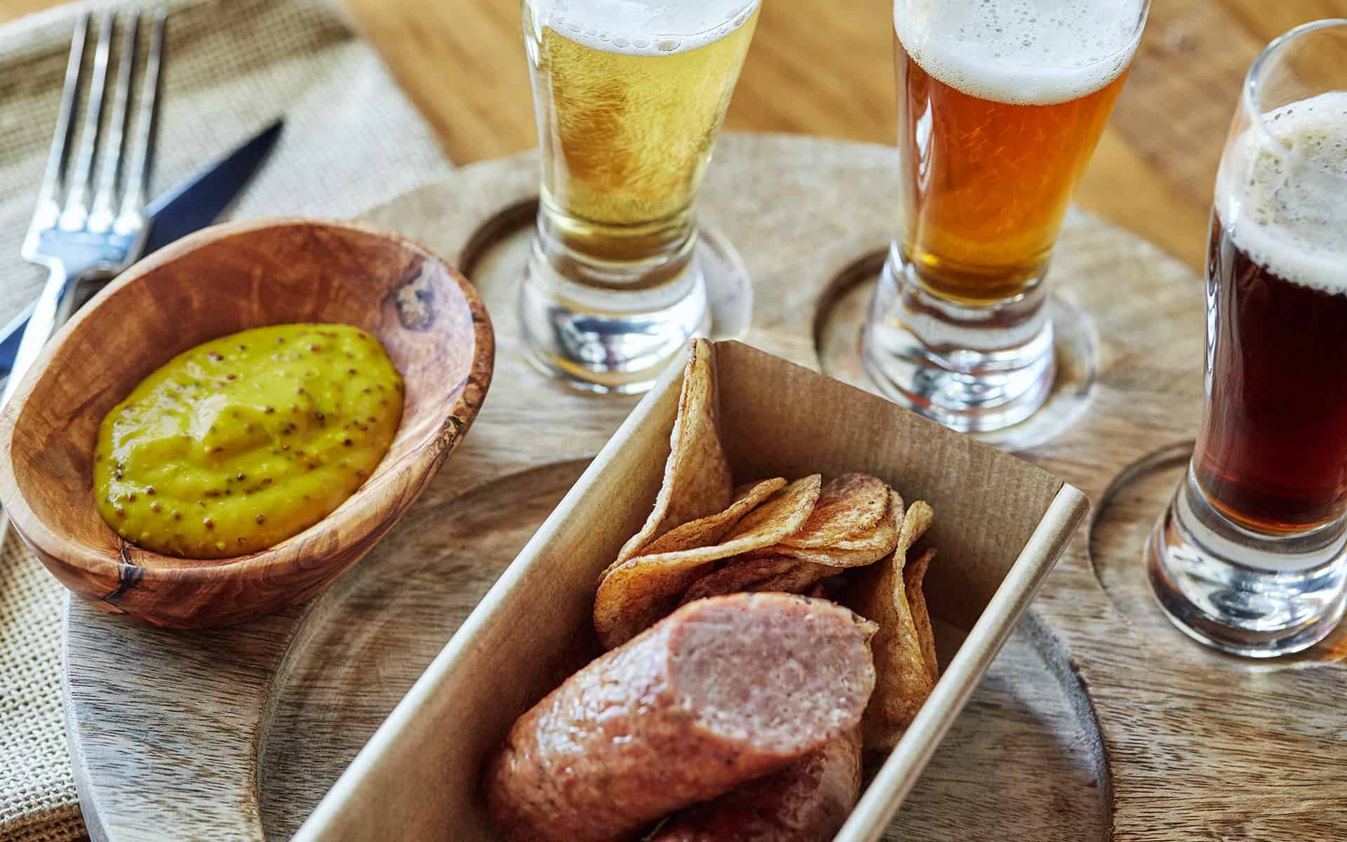 Sausage, mustard and beer served at Nason's Beer Hall in downtown San Diego