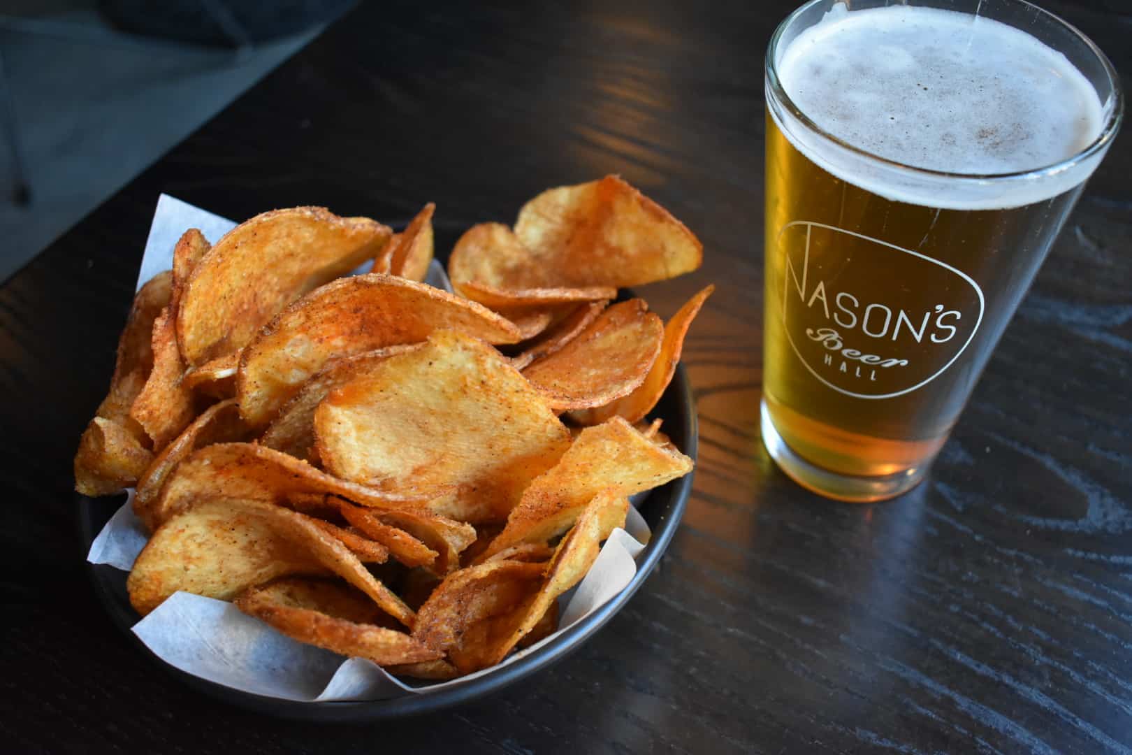 Beer and potato chips at Nason's Beer hall at a luxury Downtown San Diego Hotel, Pendry San Diego