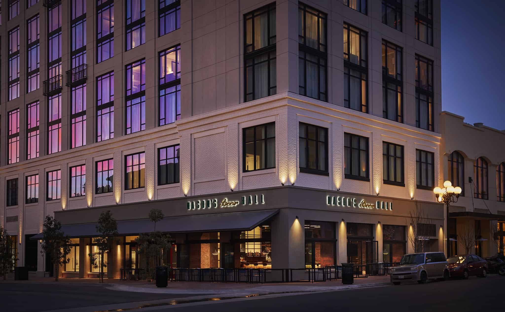 Nason's Beer Hall exterior at night, located in a San Diego boutique hotel