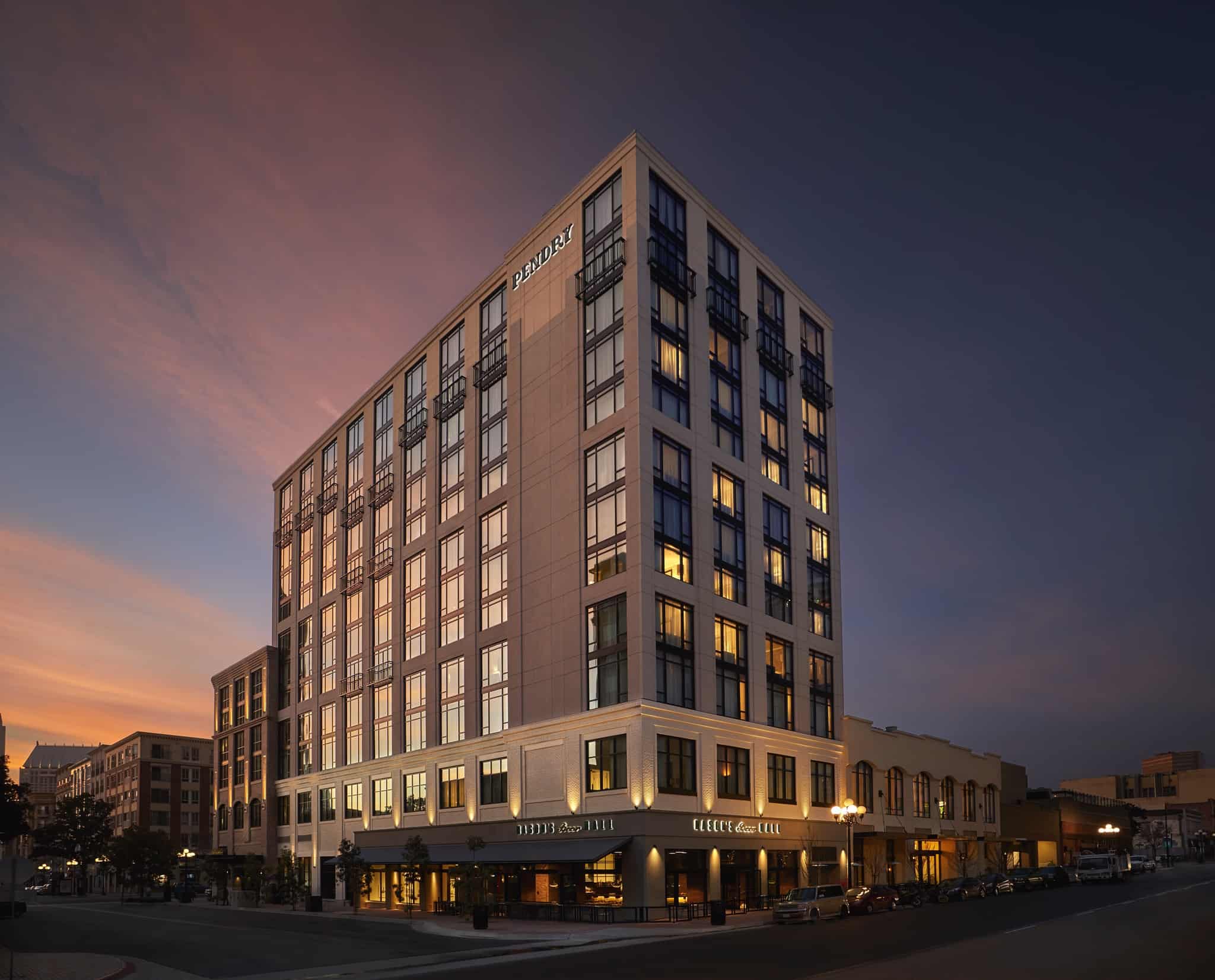 Pendry San Diego, boutique hotel exterior at dusk