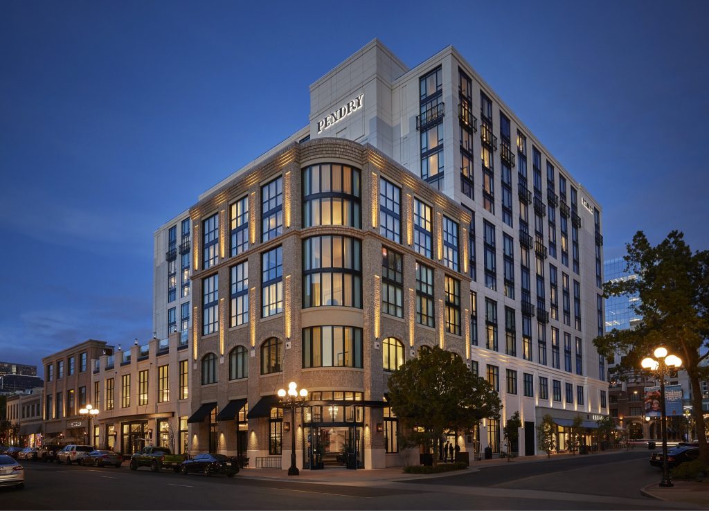 Pendry San Diego, a luxury gaslamp hotel exterior at night