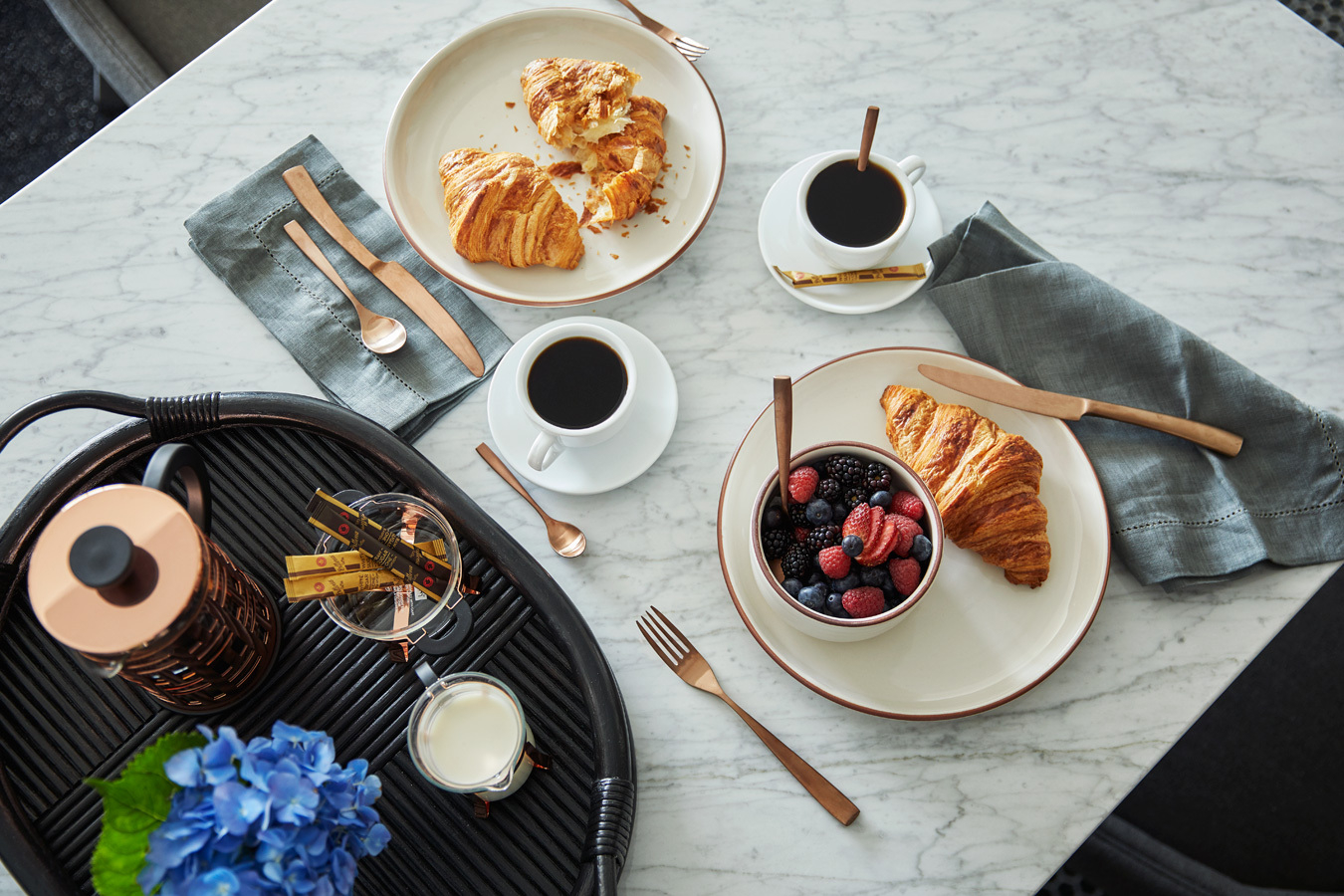 Overhead view of dishes served at luxury Gaslamp Quarter hotel, Pendry San Diego