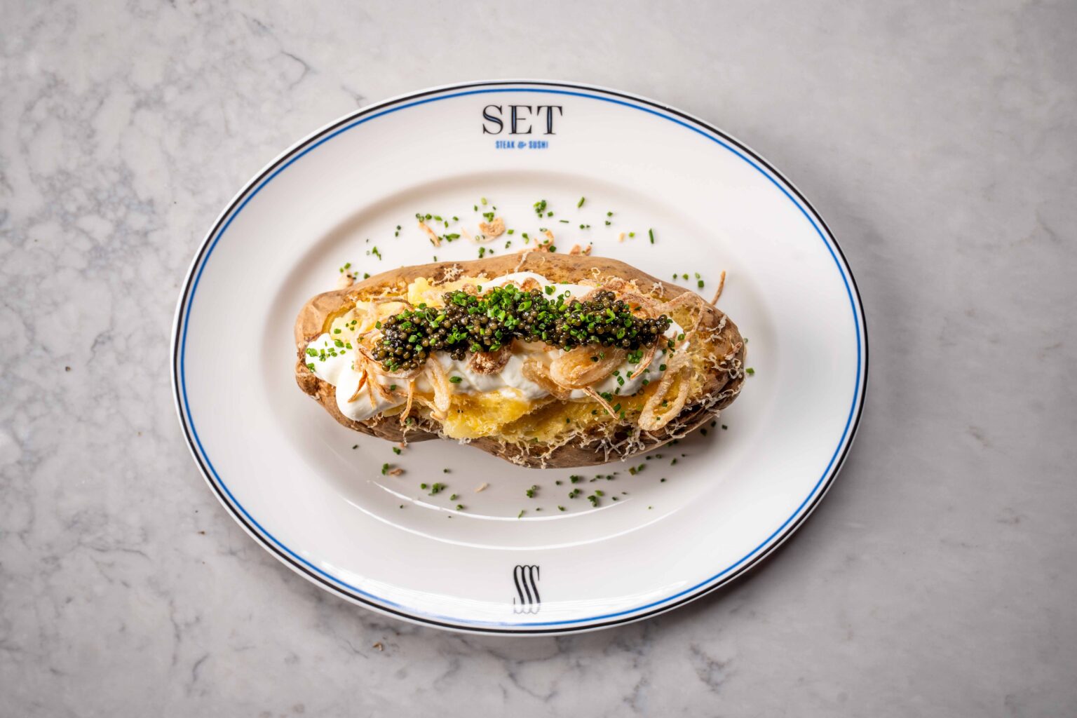 Baked Potato with Caviar from SET Steak & Sushi at Pendry Newport Beach.