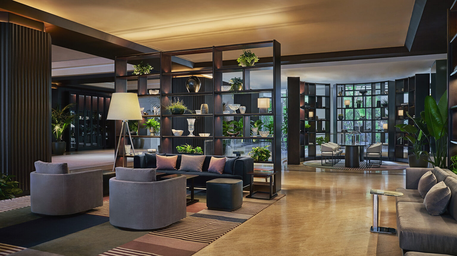 Pendry Newport Beach hotel lobby, with multiple seating areas