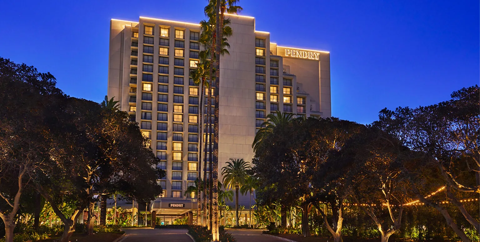 The exterior of Pendry Newport Beach at night