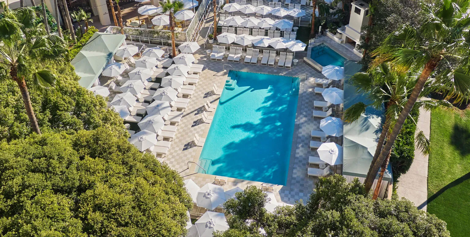 A birds-eye view of the pool at Pendry Newport Beach