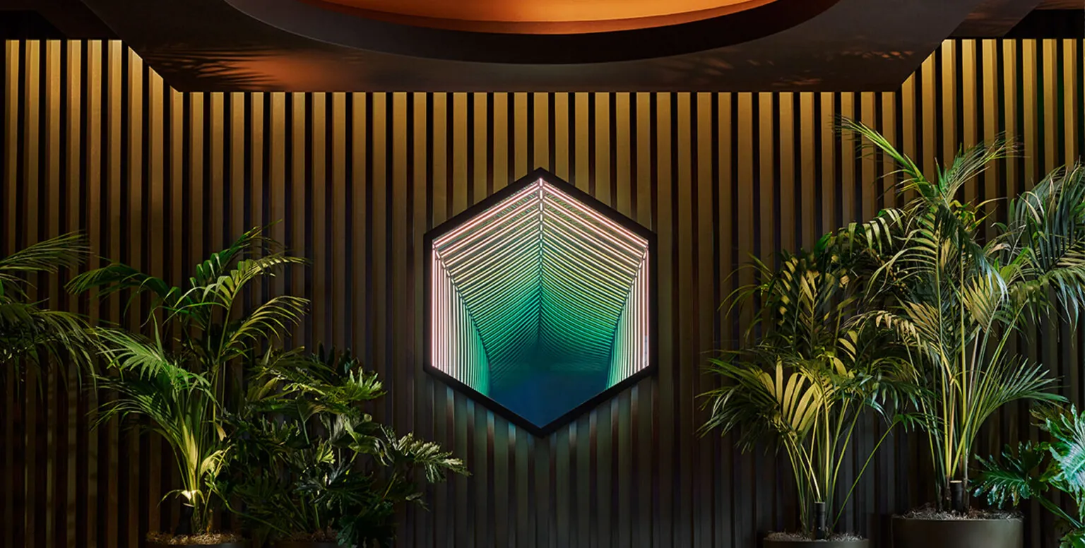 A modern piece of art in the entrance of Pendry Newport Beach