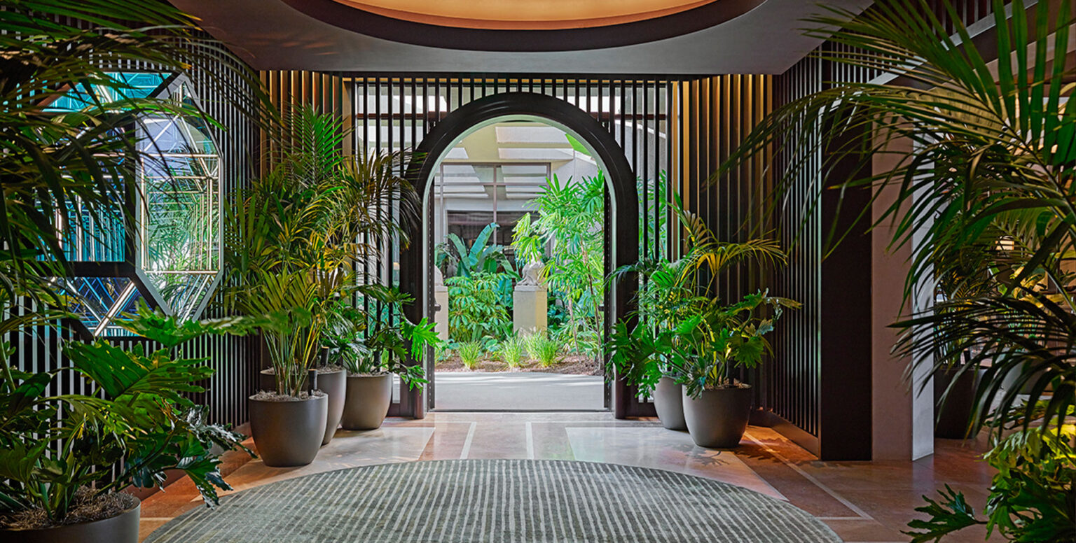 Lush greenery in the lobby of Pendry Newport Beach