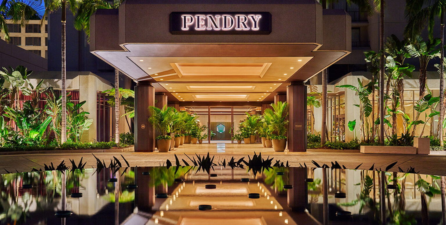 The exterior of Pendry Newport Beach at night
