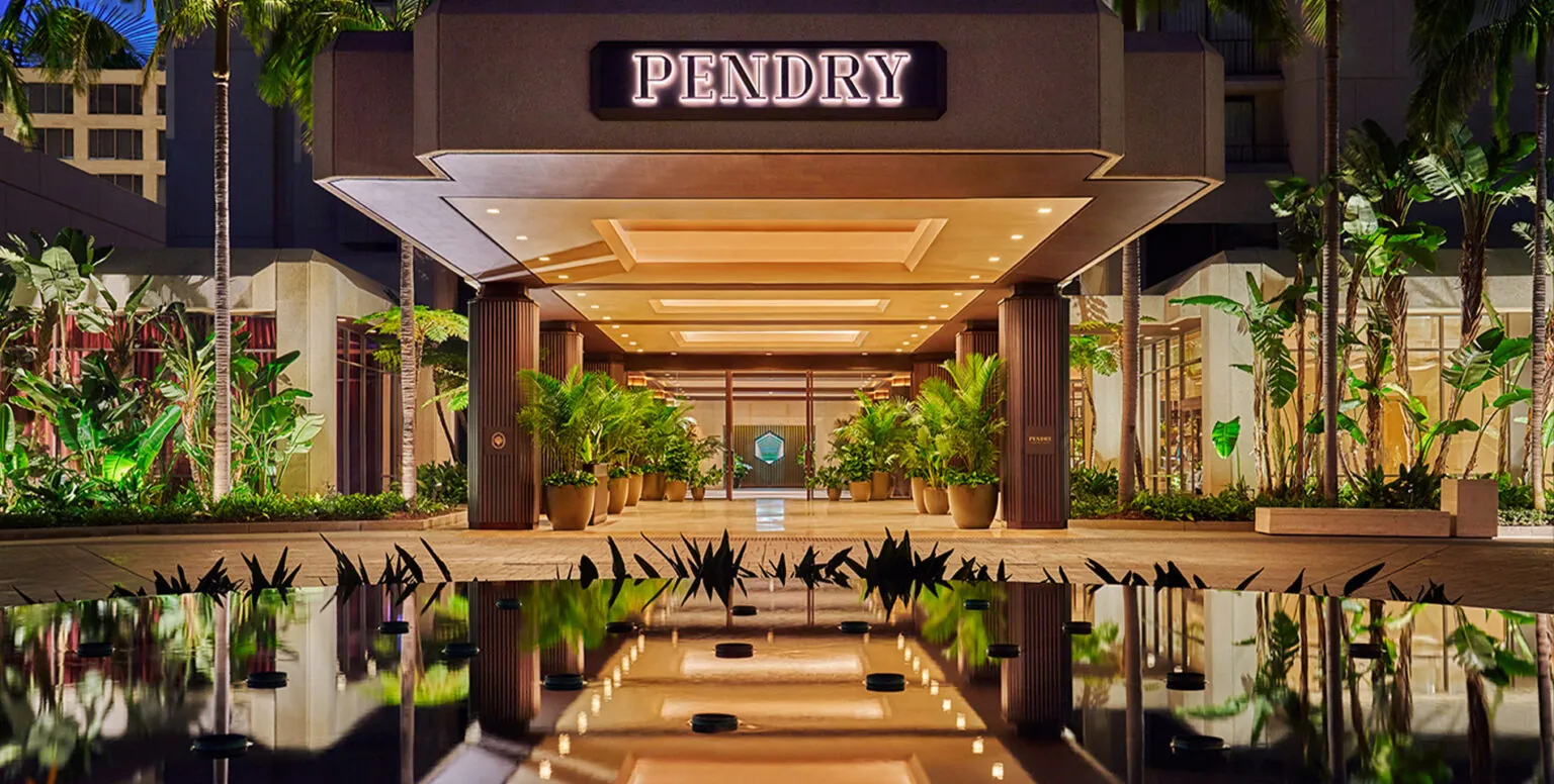 The exterior of Pendry Newport Beach at night