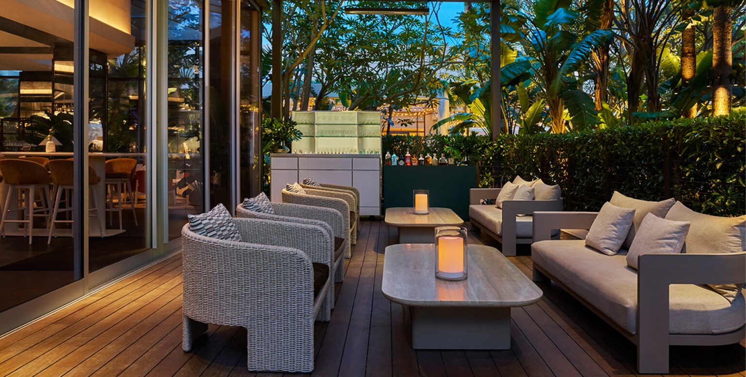 An outdoor patio at Bar Pendry Newport Beach