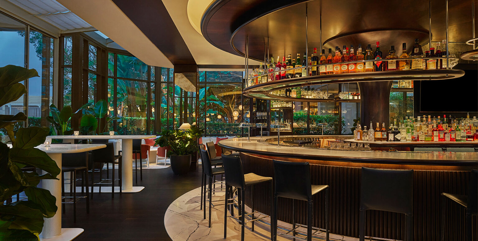 A moody bar at Pendry Newport Beach with dim lighting