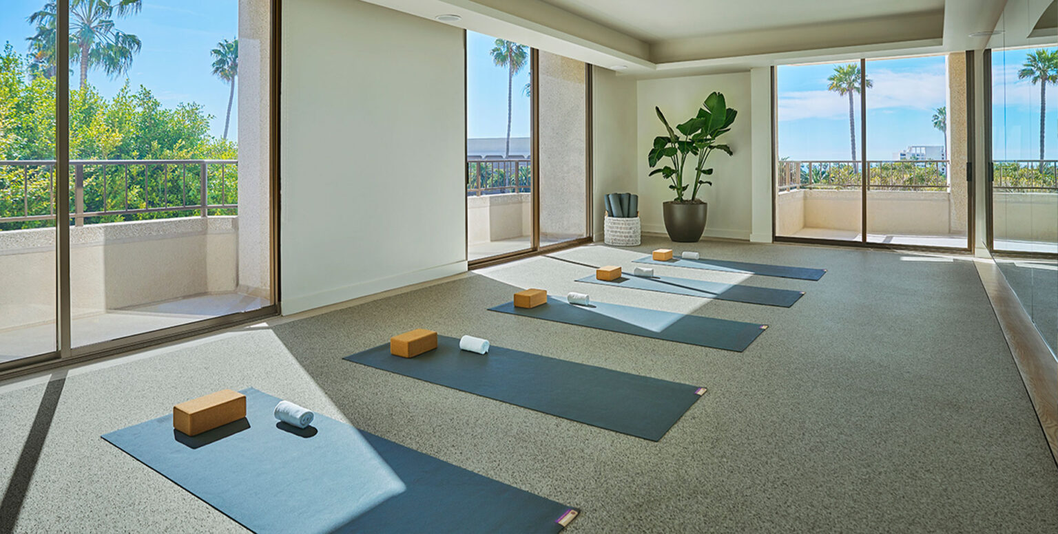Yoga mats in a private workout room at Pendry Newport Beach