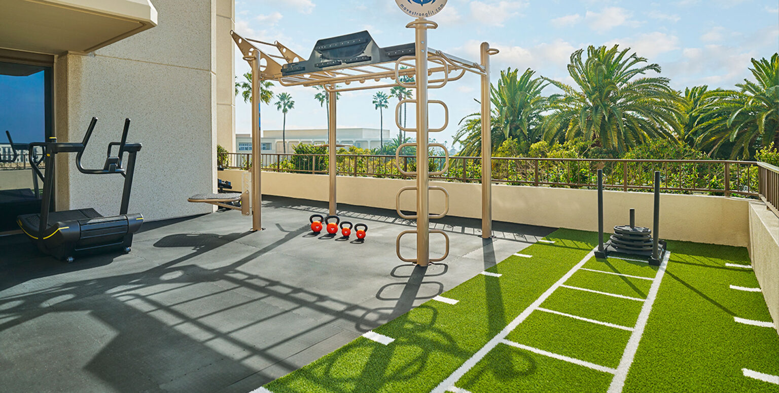 An outdoor workout terrace at Pendry Newport Beach