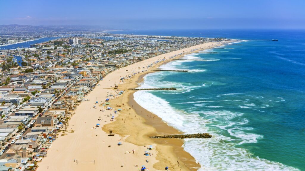 Aerial view of houses along Newport beach