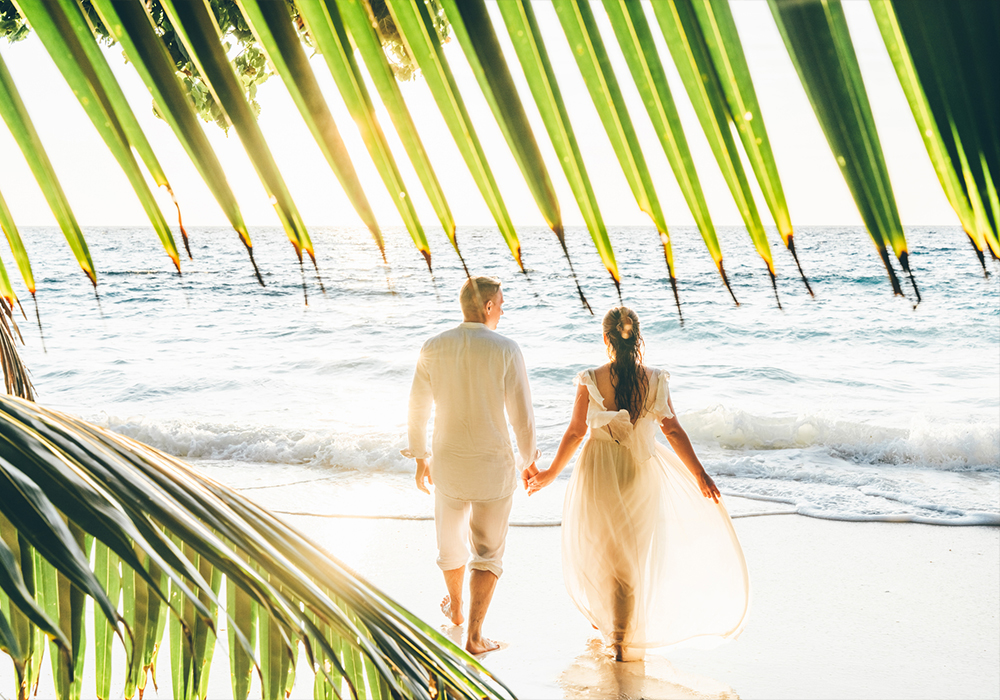Newly married couple walking on the beach