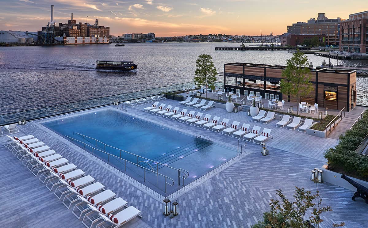 Aerial view of the pool and harbor at dusk
