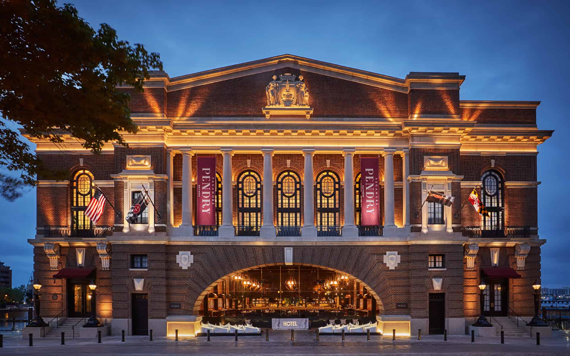 Exterior of Sagamore Pendry Baltimore at night