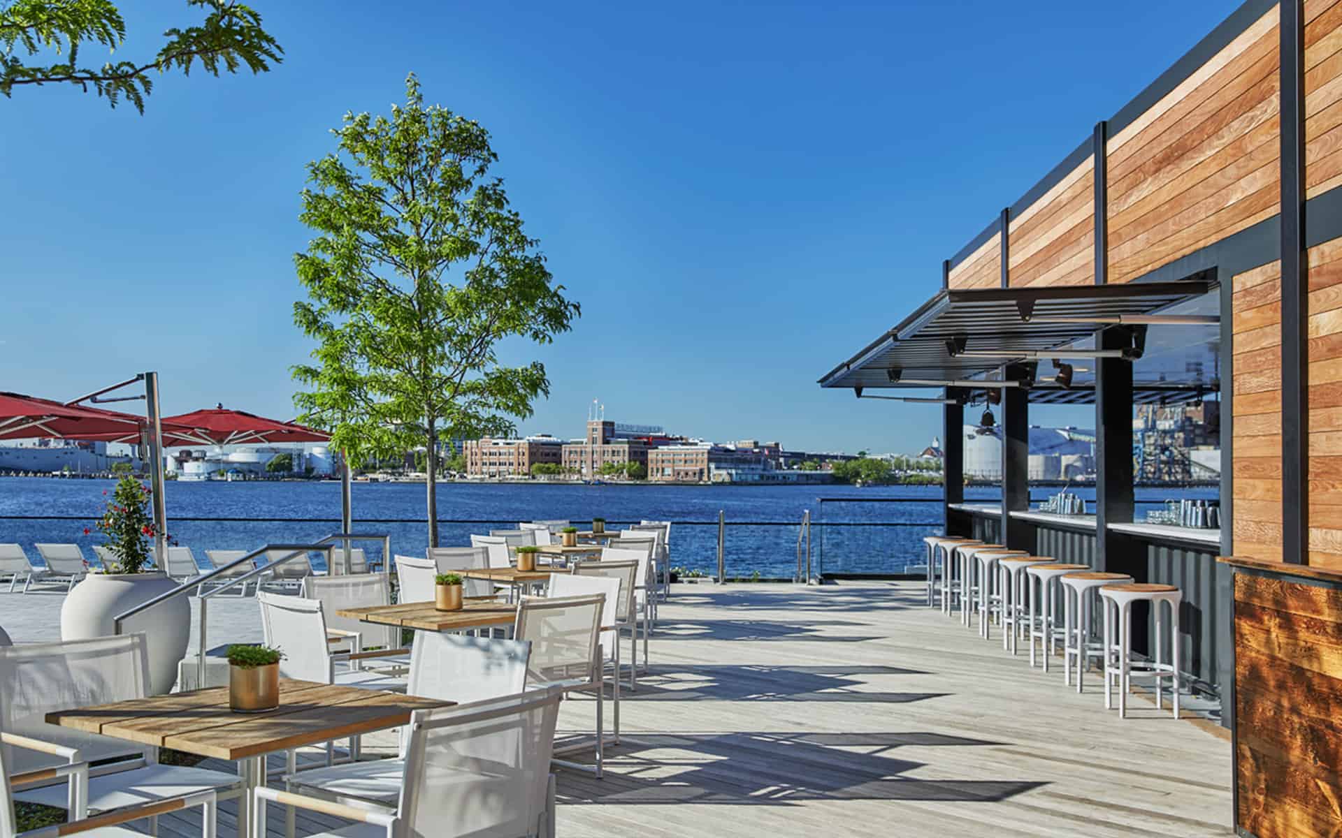 Pool bar and harbor view at a Baltimore boutique hotel