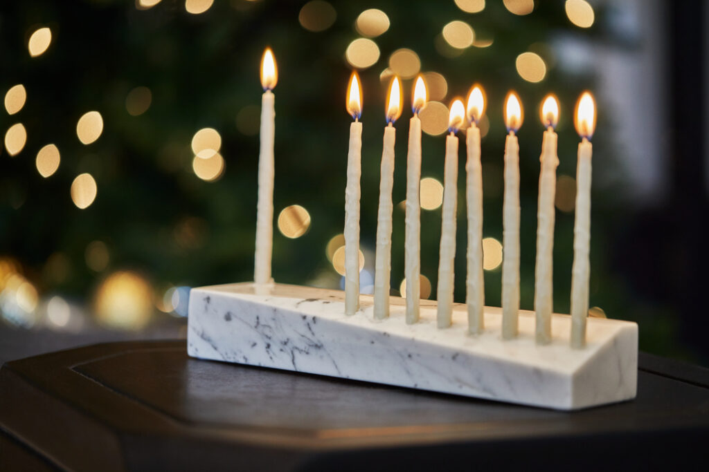 Menorah lit for Hanukkah in the Lobby at Pendry Baltimore