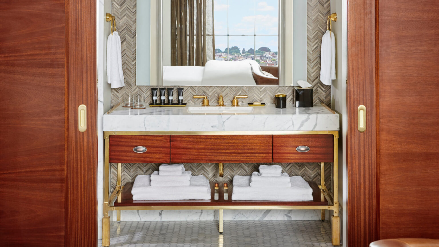 A room bathroom at Pendry Baltimore hotel.