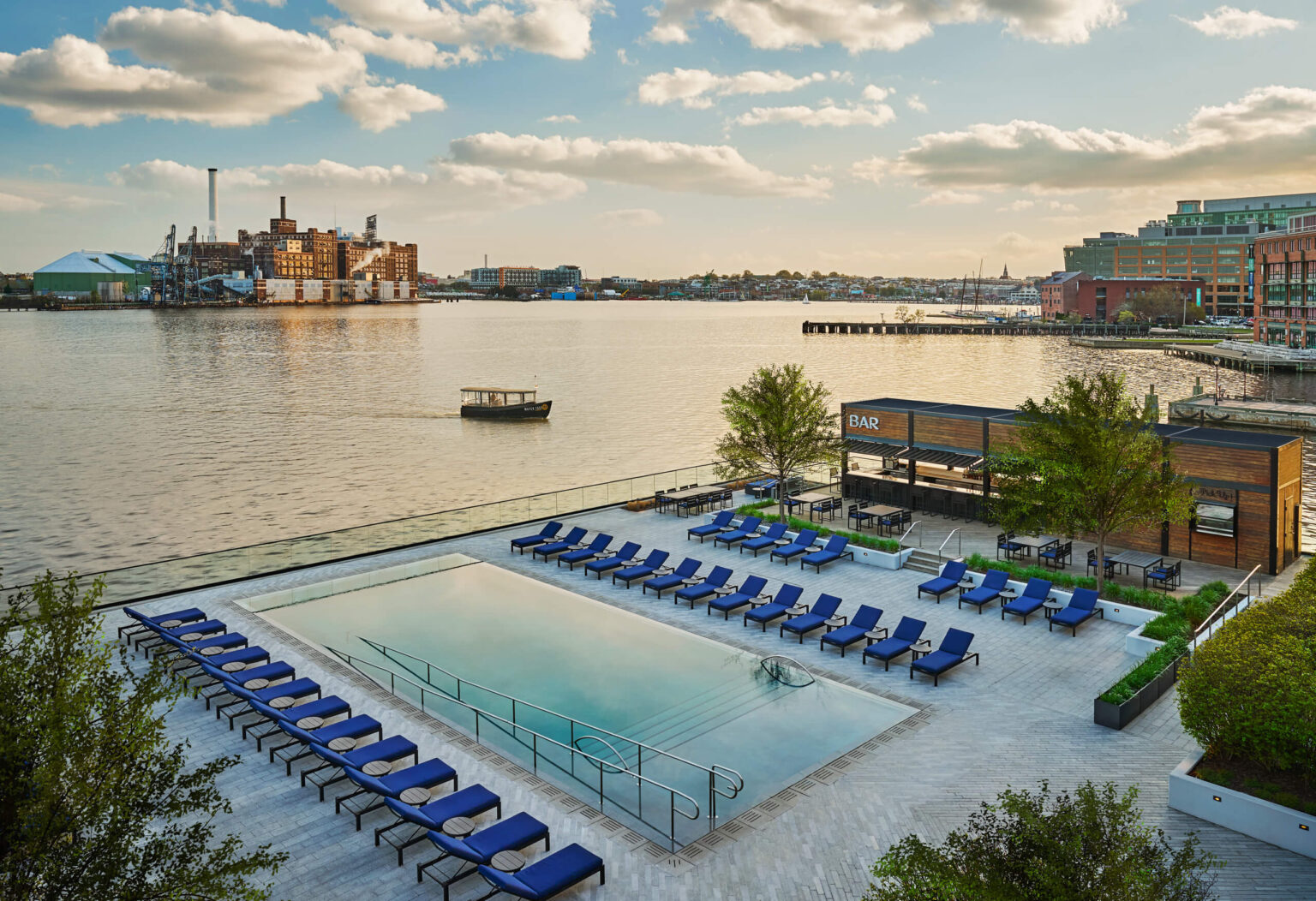 The pool at sunset at Pendry Baltimore.