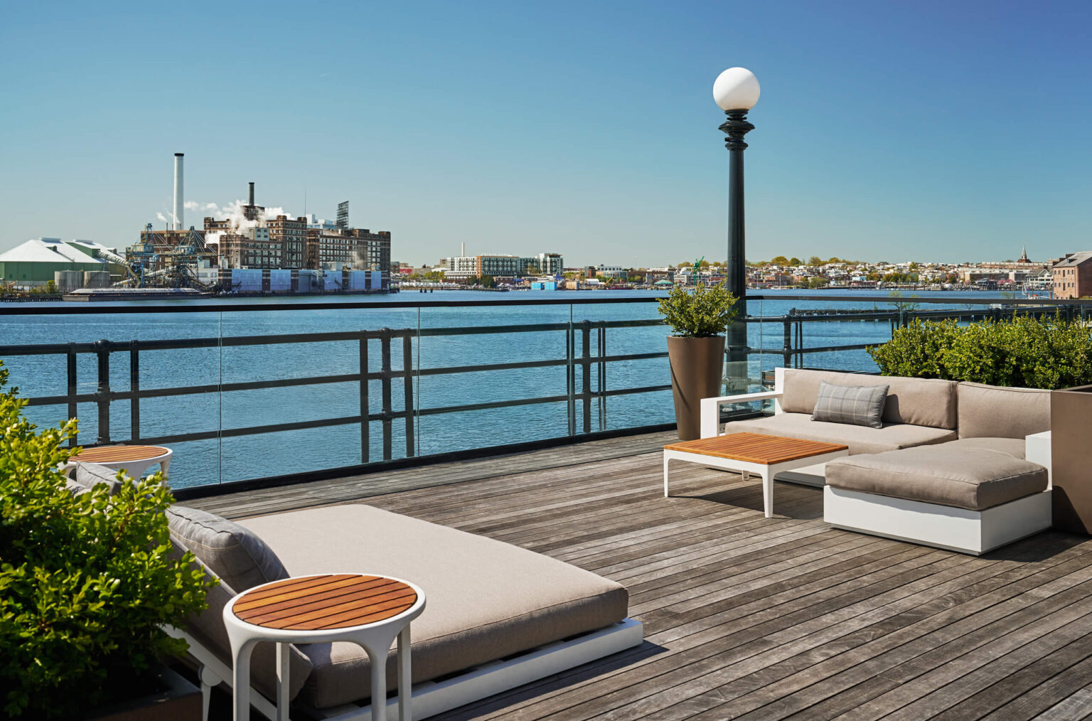 The Presidential Suite balcony at Pendry Baltimore hotel.