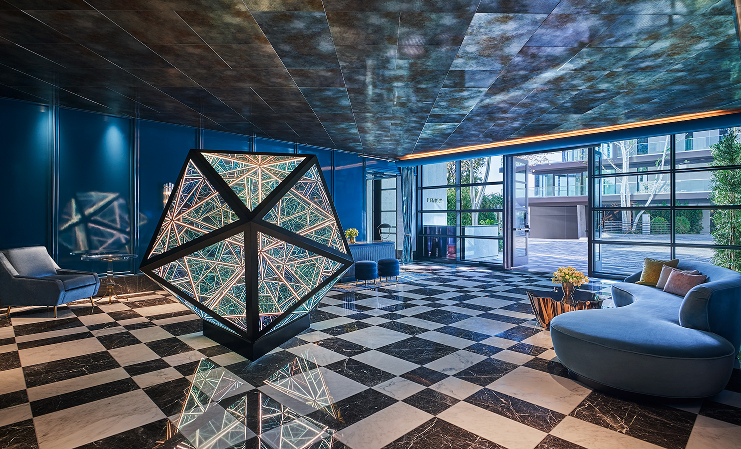 Lobby interior with art sculpture at Pendry West Hollywood a luxury hotel on sunset blvd