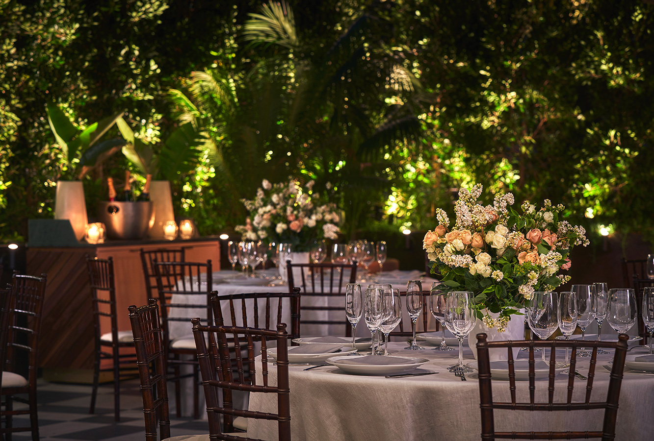 Garden Terrace Venue with seating and decor, an outdoor venue at luxury LA boutique hotel Pendry West Hollywood