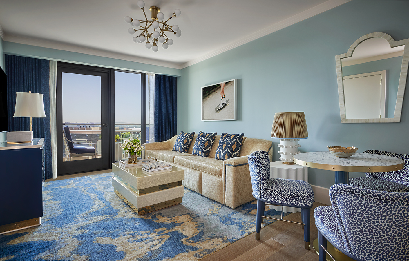 Sunset Suite living area and view of city at Pendry West Hollywood, a luxury weho hotel
