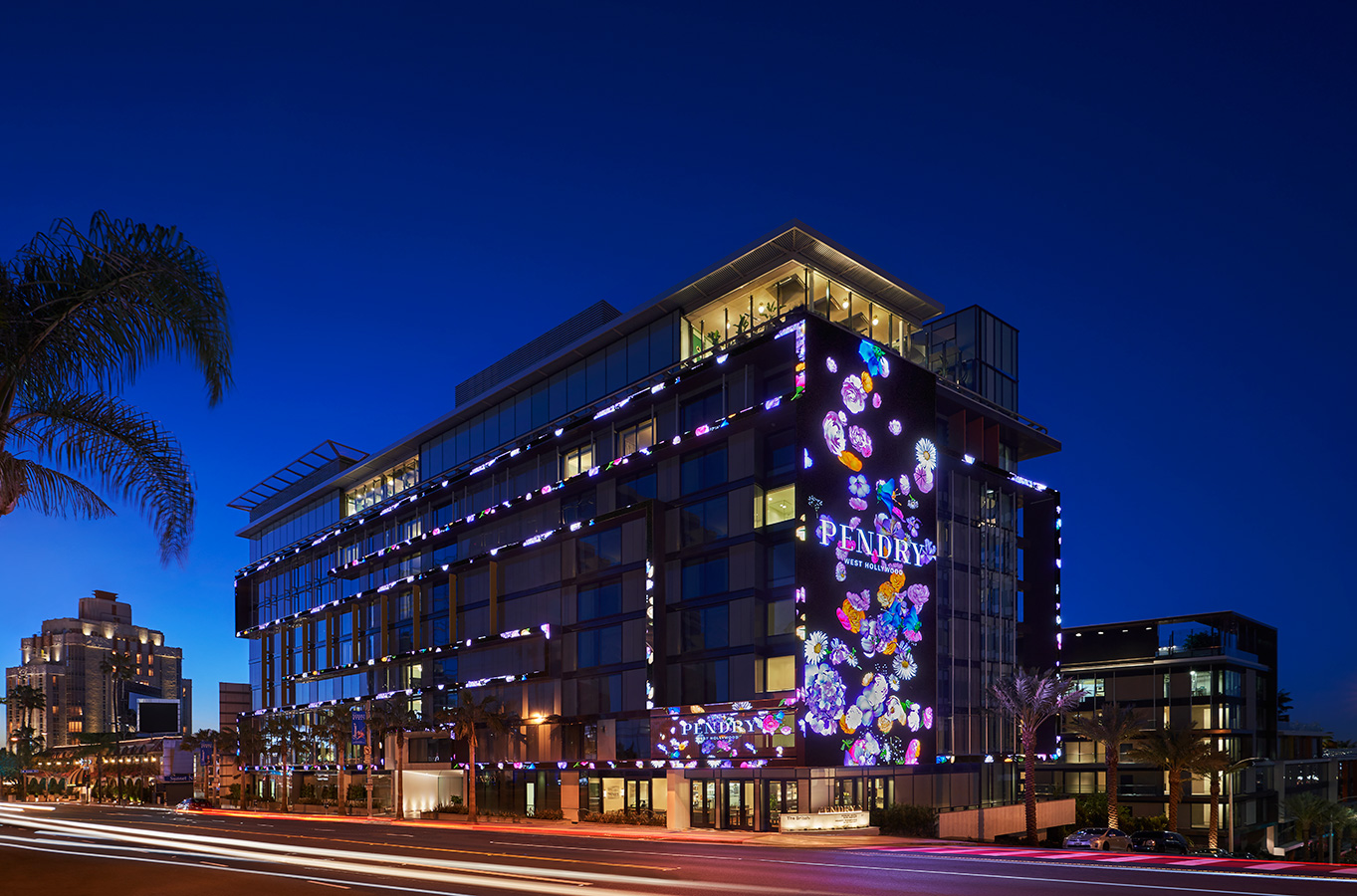 Exterior of Pendry West Hollywood at night, a luxury weho hotel