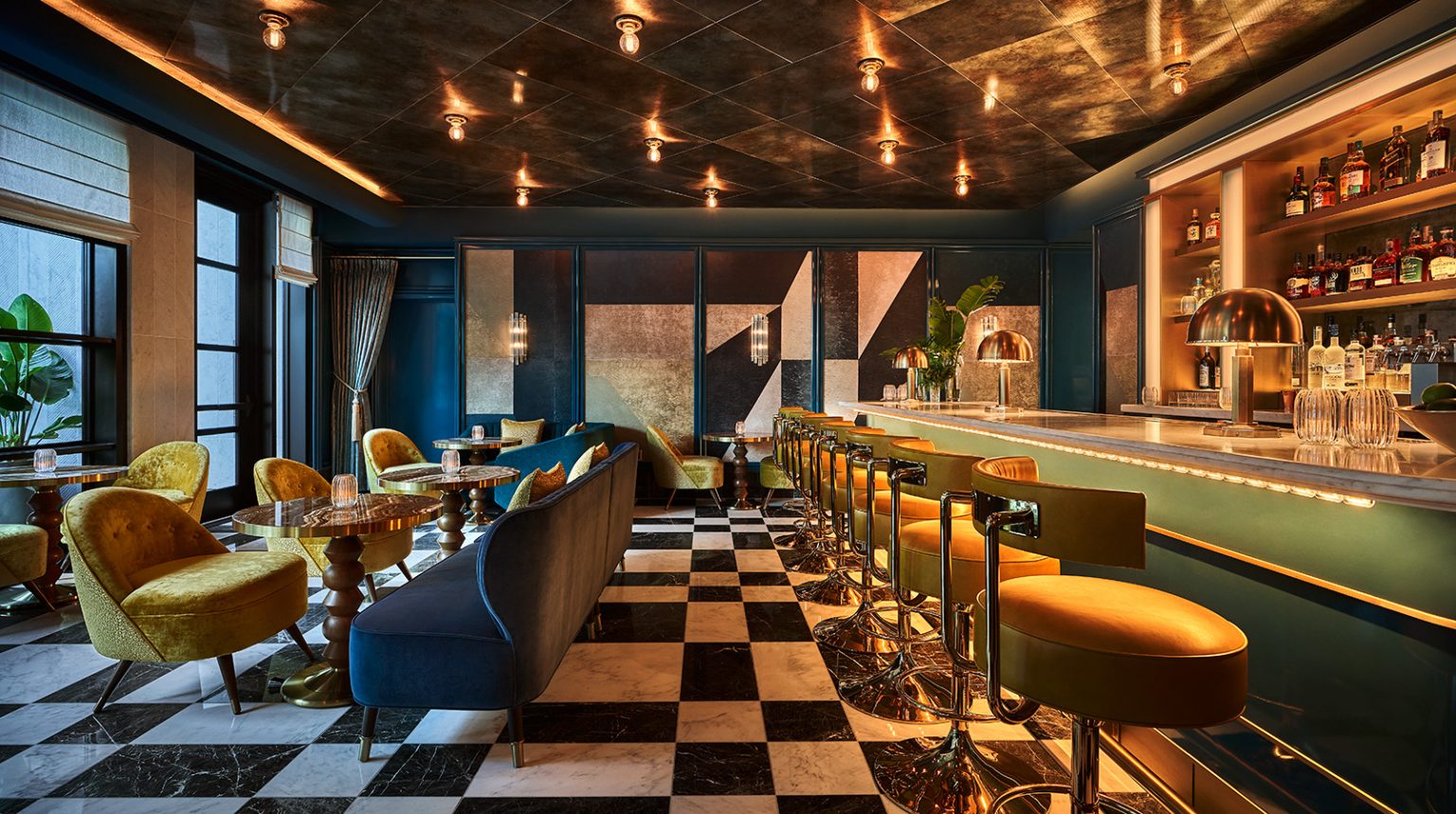 Bar Pendry interior with table service and bar seating at Pendry West Hollywood a luxury hotel on sunset blvd