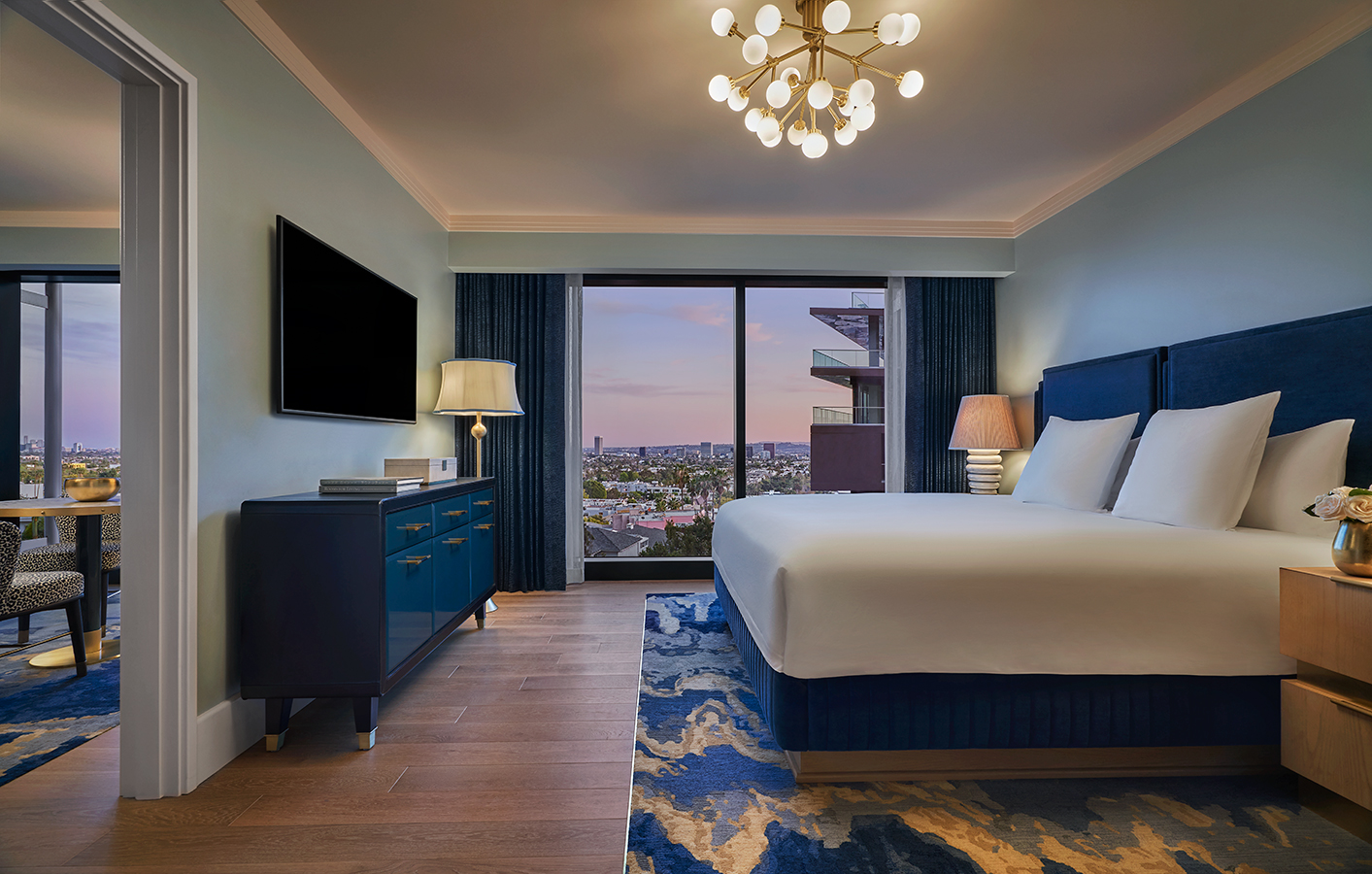 Skyline One Bedroom Suite bedroom at Pendry West Hollywood, a luxury weho hotel