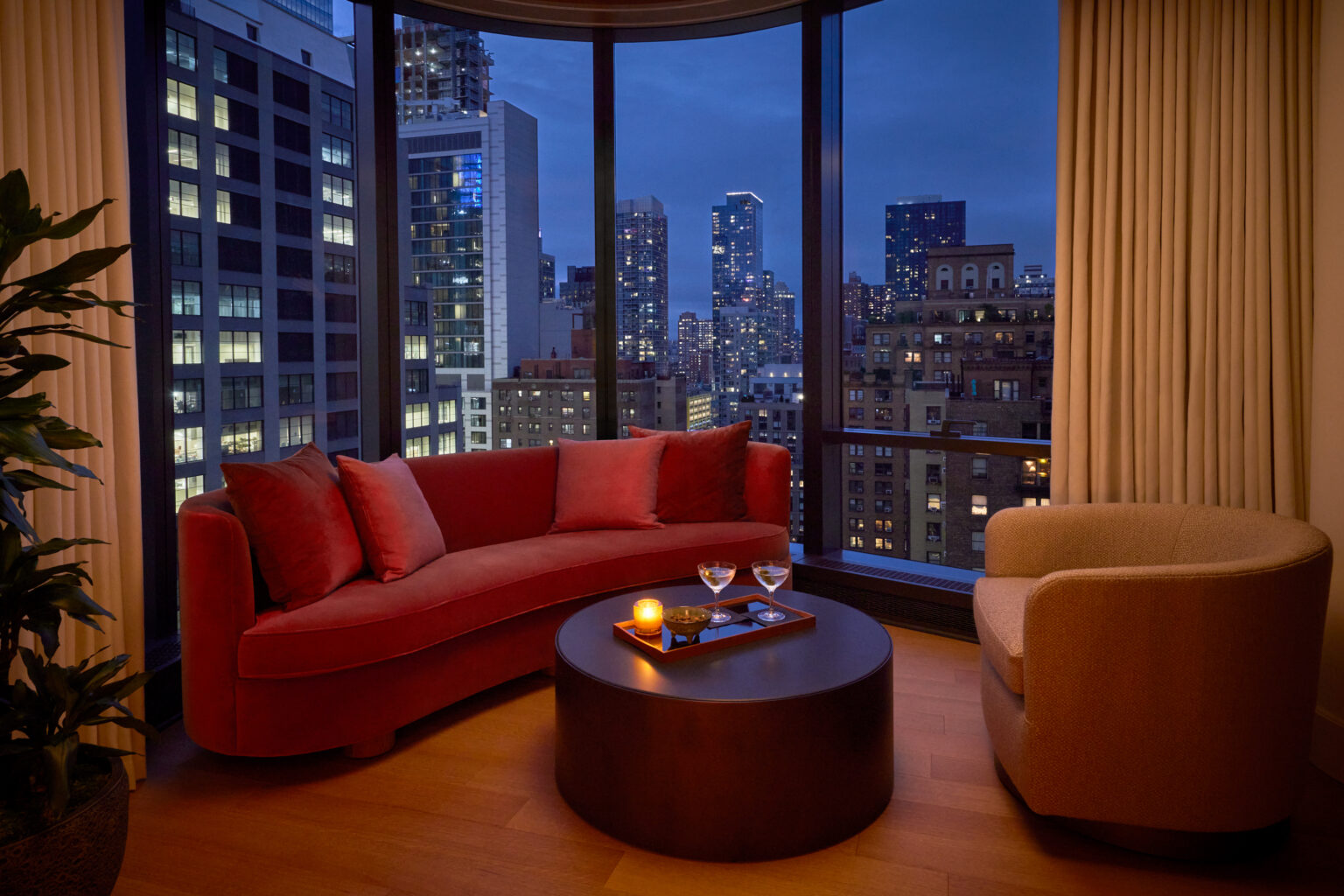 Evening views from Guestroom at Pendry Manhattan West hotel