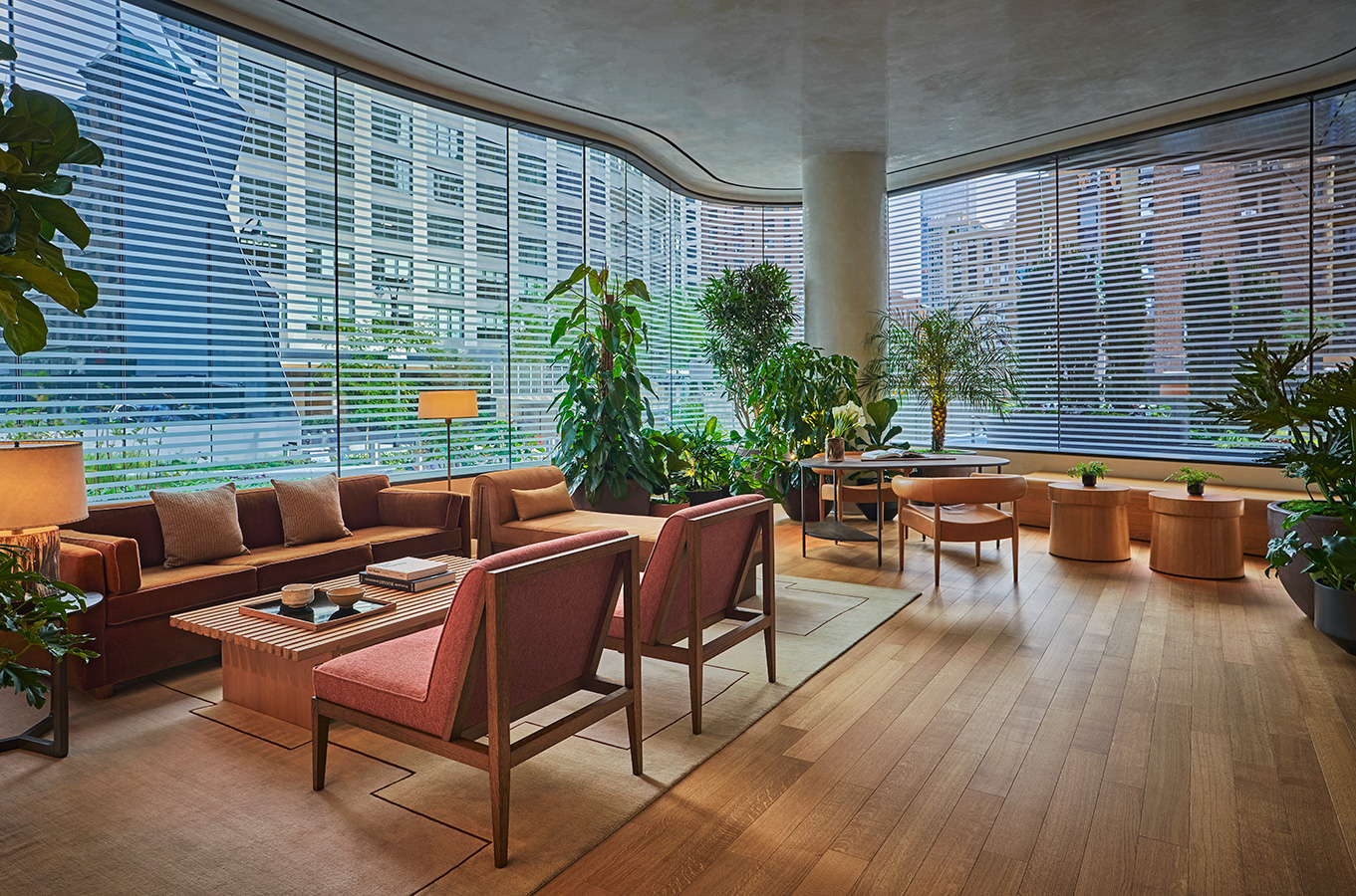 chairs and view of the city in the lobby at PMW
