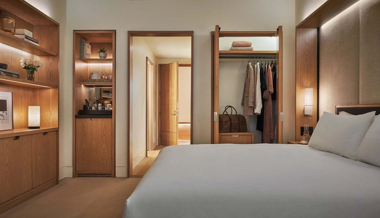 King bed and closet at Pendry Manhattan West.