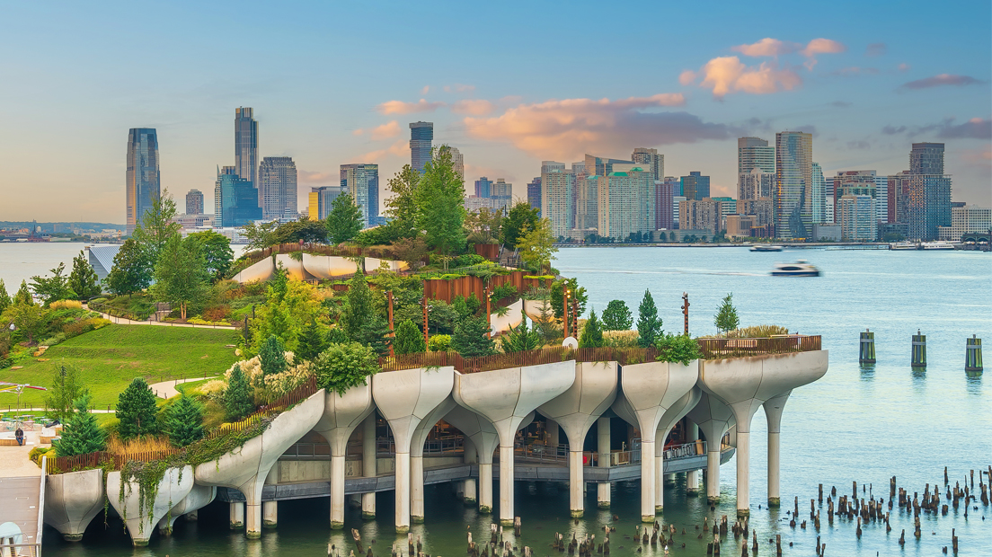 Cityscape of Island from Manhattan New York City at sunrise.