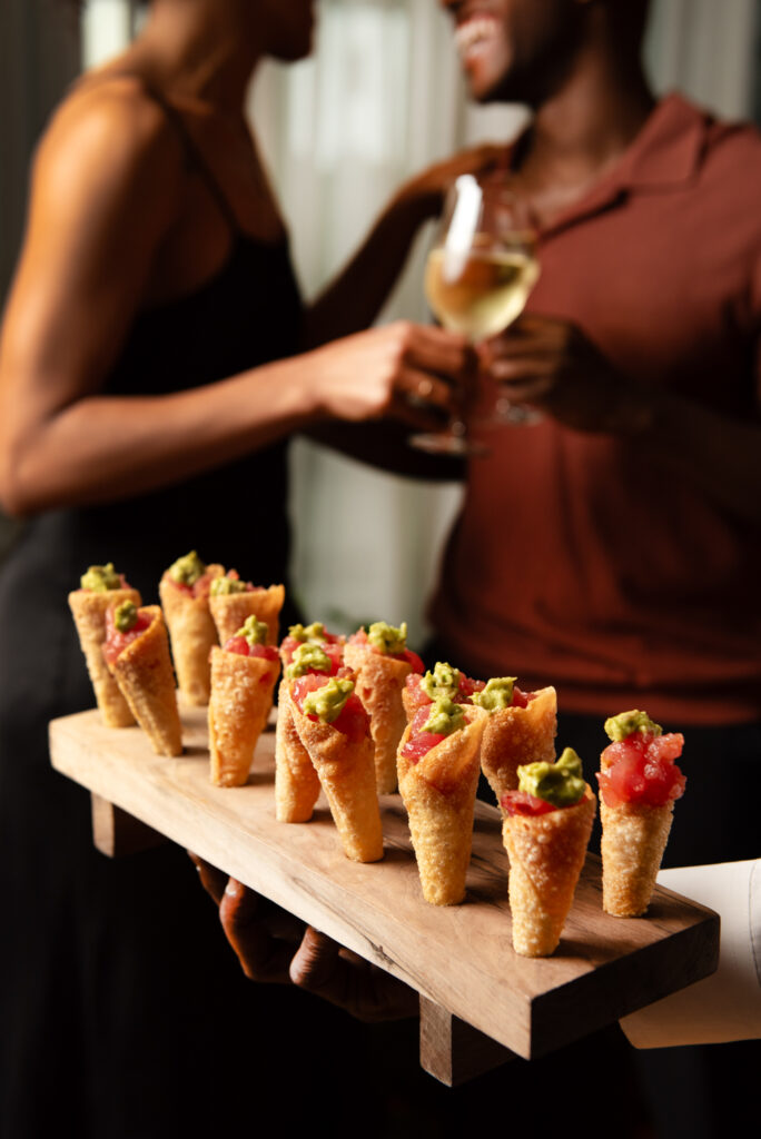 A tray of bite-sized crispy cones