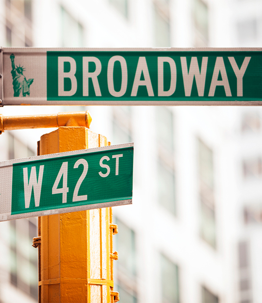A street sign of Broadway and W 42 St