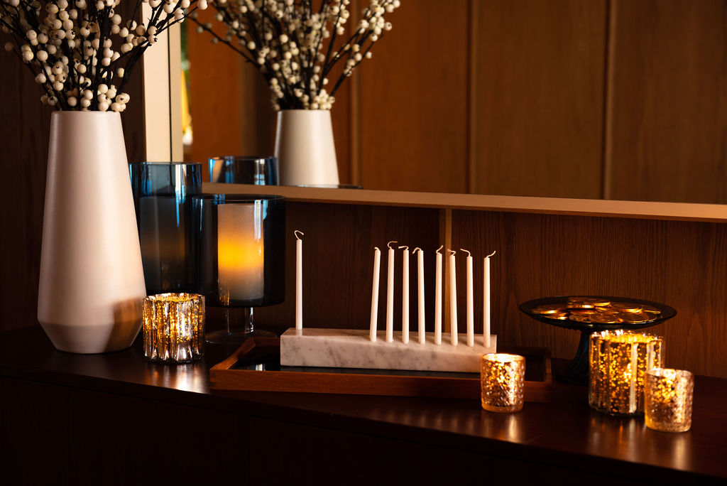 Menorah lit for Hanukkah in the Lobby at Pendry Manhattan West